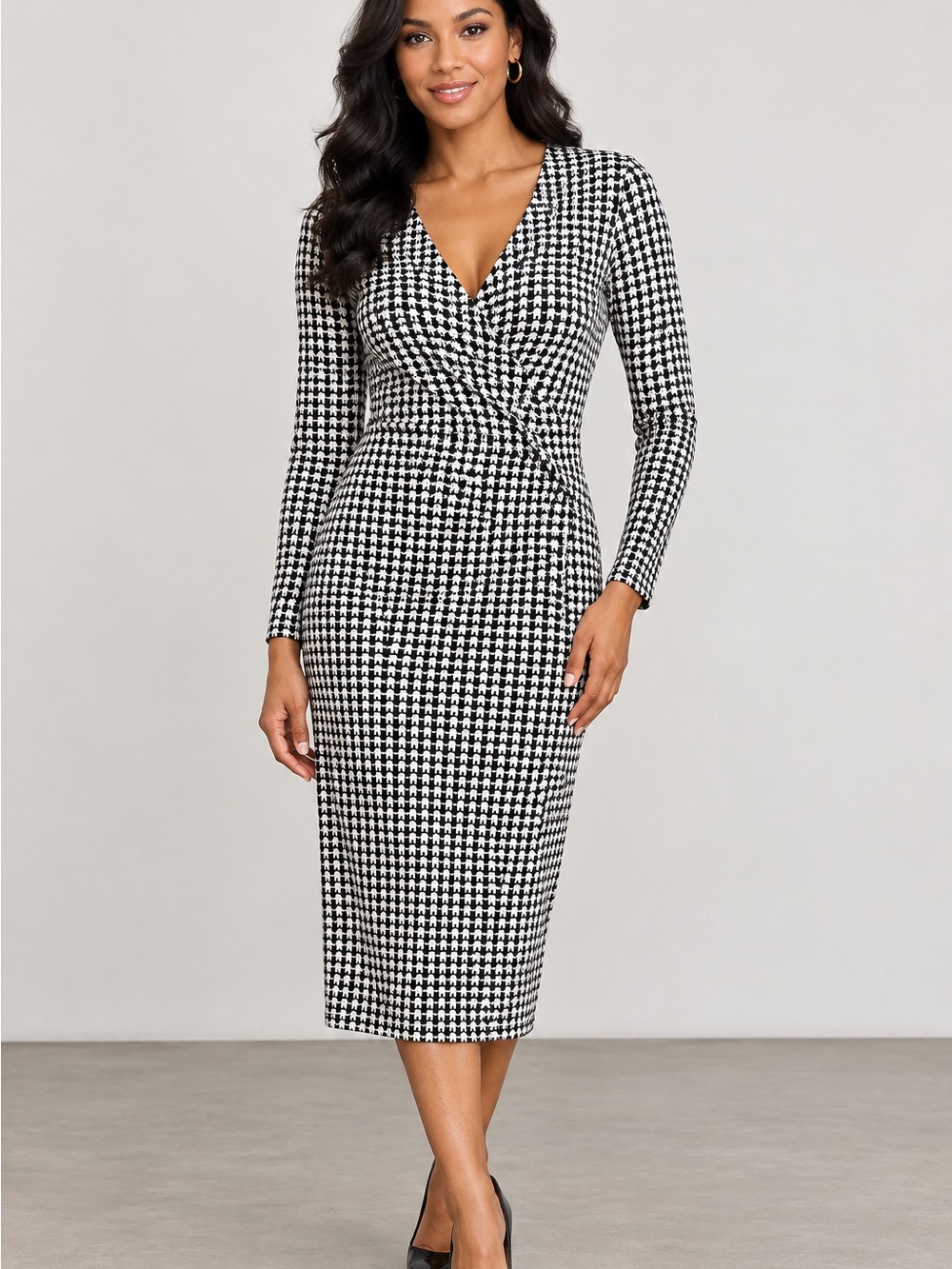 Banana Republic Black/White Elephant/Houndstooth wrap dress size M